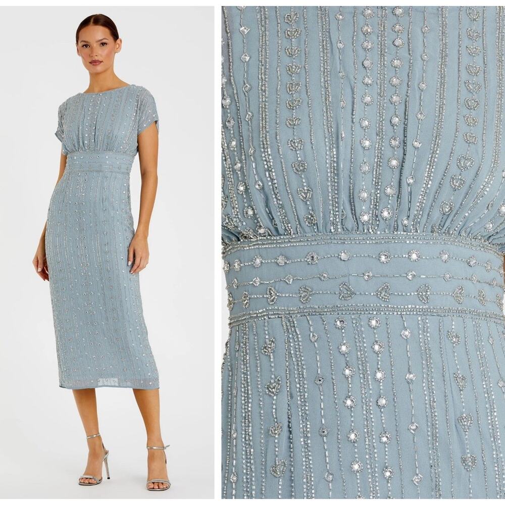 Mac Duggal 93649 Blue Size 4 Beaded Empire Waist Midi Dress Cap Sleeves NWT